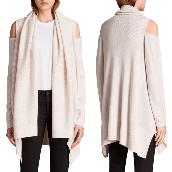 ALLSAINTS Cava Cold Shoulder Draped Open Cardigan Almond Medium FLAW - Picture 1 of 7